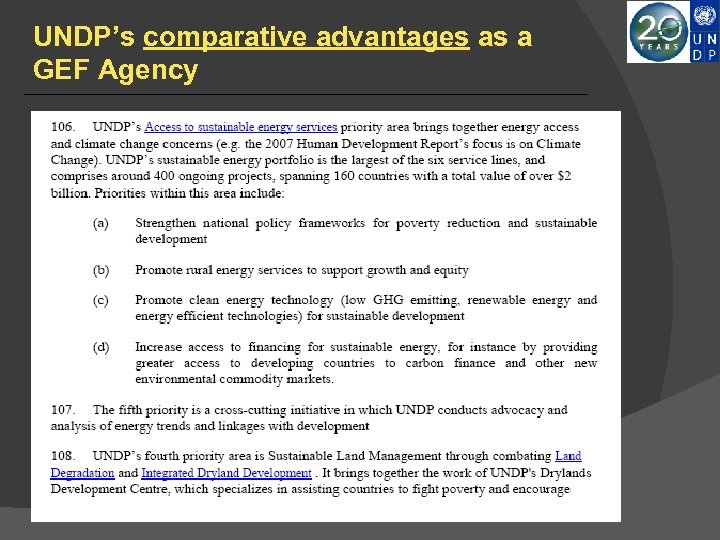 UNDP’s comparative advantages as a GEF Agency 