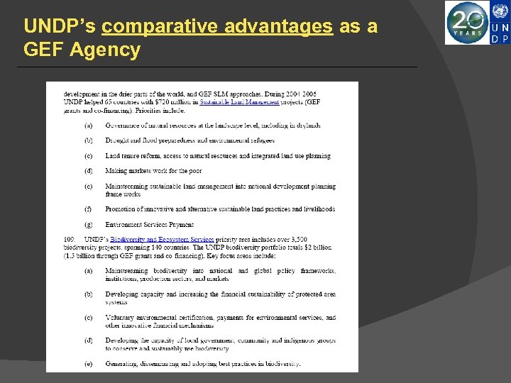 UNDP’s comparative advantages as a GEF Agency 