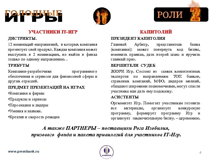 РОЛИ УЧАСТНИКИ IT-ИГР КАПИТОЛИЙ ДИСТРИКТЫ. 12 номинаций-направлений, в которых компания презентует свой продукт. Каждая