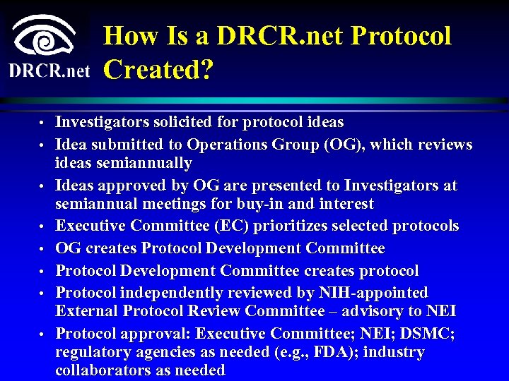 How Is a DRCR. net Protocol Created? • • Investigators solicited for protocol ideas