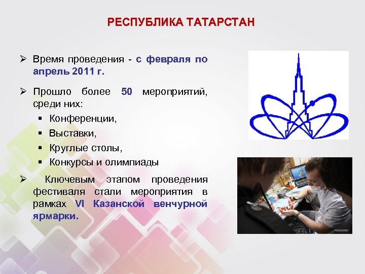 РЕСПУБЛИКА ТАТАРСТАН Ø Время проведения - с февраля по апрель 2011 г. Ø Прошло