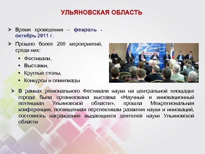 УЛЬЯНОВСКАЯ ОБЛАСТЬ Ø Время проведения – февраль октябрь 2011 г. Ø Прошло более 200
