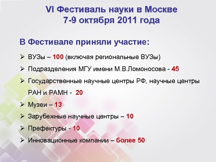 VI Фестиваль науки в Москве 7 -9 октября 2011 года В Фестивале приняли участие: