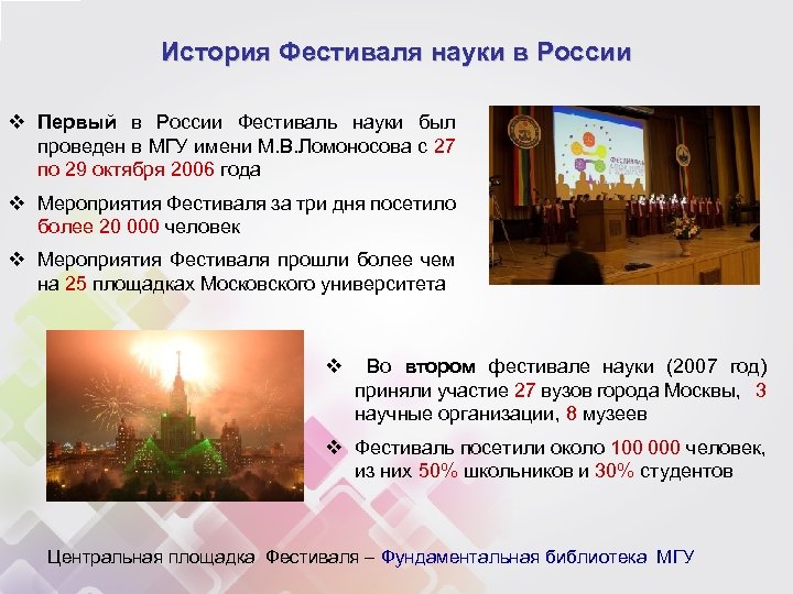 История Фестиваля науки в России v Первый в России Фестиваль науки был проведен в