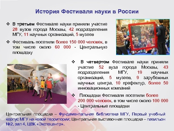 История Фестиваля науки в России v В третьем Фестивале науки приняли участие 28 вузов