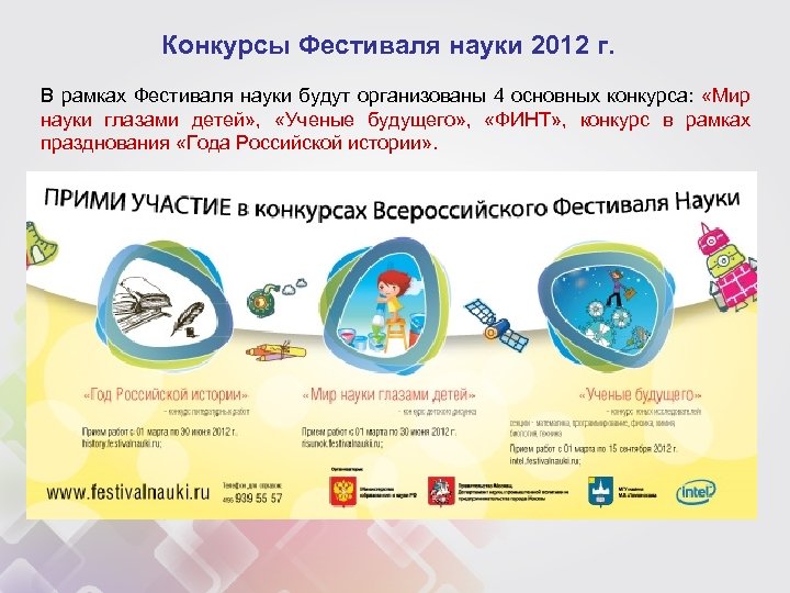 Конкурсы Фестиваля науки 2012 г. В рамках Фестиваля науки будут организованы 4 основных конкурса: