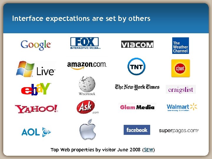 Interface expectations are set by others Top Web properties by visitor June 2008 (SEW)