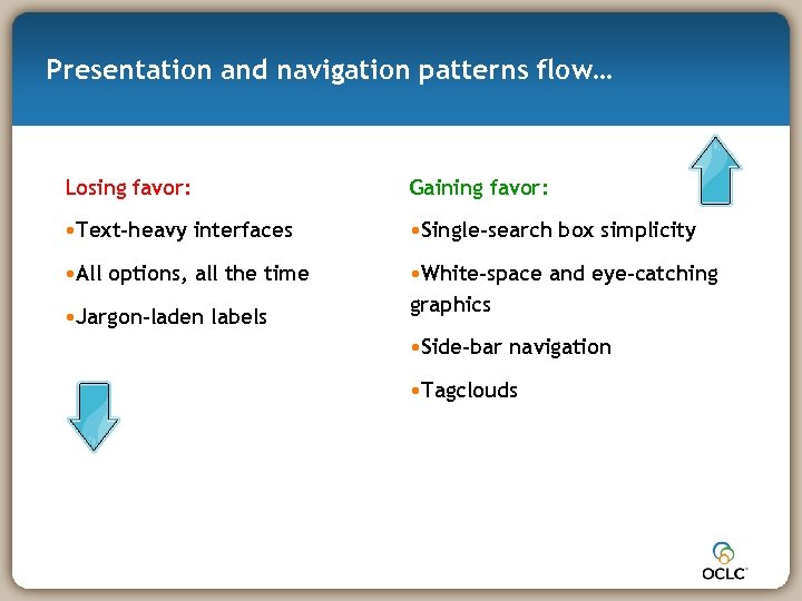 Presentation and navigation patterns flow… Losing favor: Gaining favor: • Text-heavy interfaces • Single-search