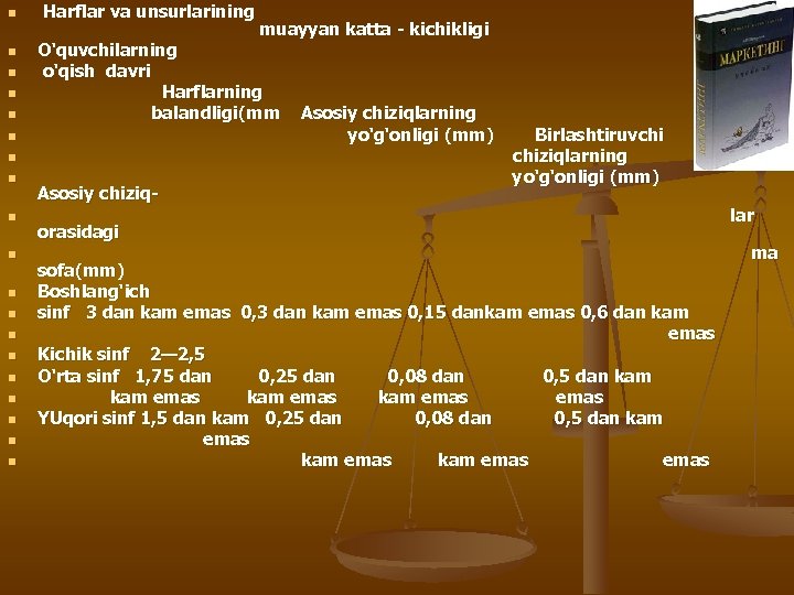 n n n Harflar va unsurlarining O‘quvchilarning o‘qish davri Harflarning balandligi(mm n n n