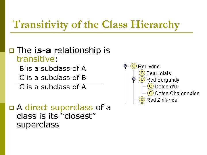 Transitivity of the Class Hierarchy p The is-a relationship is transitive: B is a