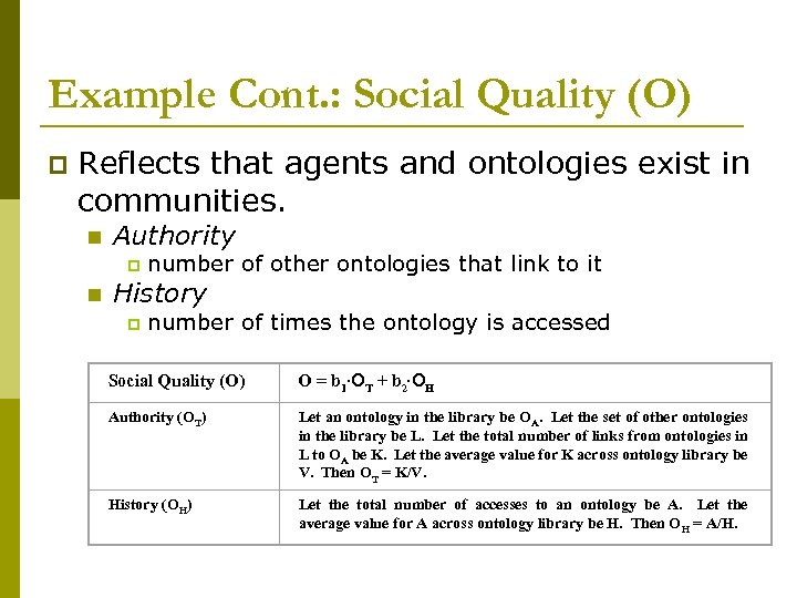 Example Cont. : Social Quality (O) p Reflects that agents and ontologies exist in