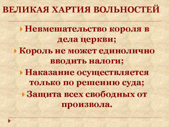 ВЕЛИКАЯ ХАРТИЯ ВОЛЬНОСТЕЙ Невмешательство короля в дела церкви; Король не может единолично вводить налоги;