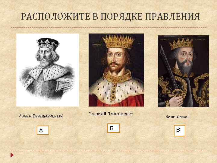 РАСПОЛОЖИТЕ В ПОРЯДКЕ ПРАВЛЕНИЯ Иоанн Безземельный Генрих II Плантагенет А Б Вильгельм I В