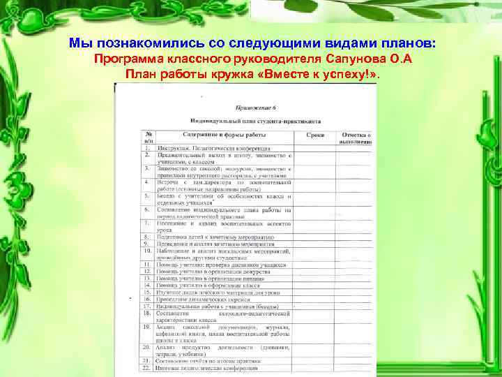 Мы познакомились со следующими видами планов: Программа классного руководителя Сапунова О. А План работы