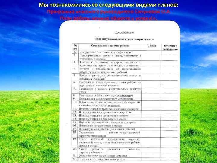 Мы познакомились со следующими видами планов: Программа классного руководителя Сапуновой О. А План работы