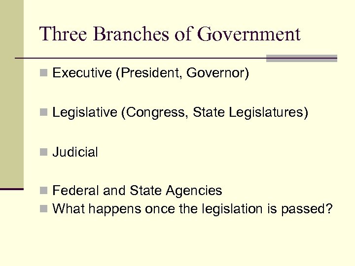 Three Branches of Government n Executive (President, Governor) n Legislative (Congress, State Legislatures) n