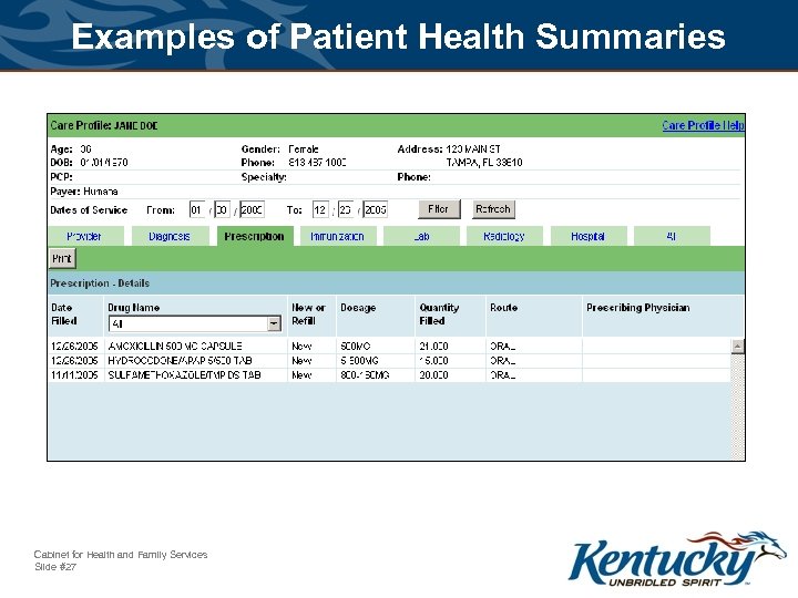 Examples of Patient Health Summaries Cabinet for Health and Family Services Slide #27 