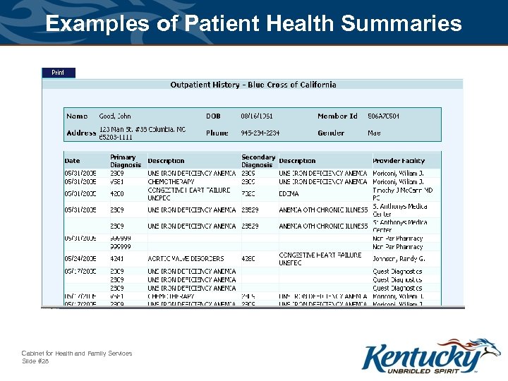 Examples of Patient Health Summaries Cabinet for Health and Family Services Slide #28 