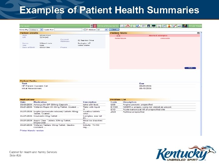 Examples of Patient Health Summaries Cabinet for Health and Family Services Slide #29 
