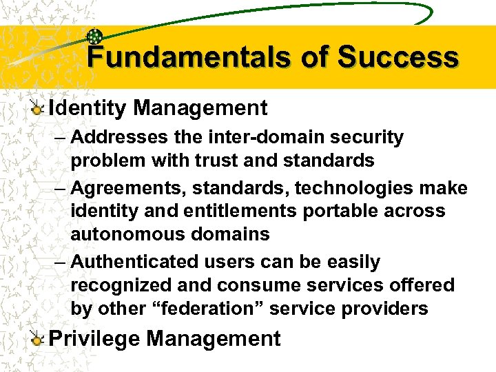 Fundamentals of Success Identity Management – Addresses the inter-domain security problem with trust and