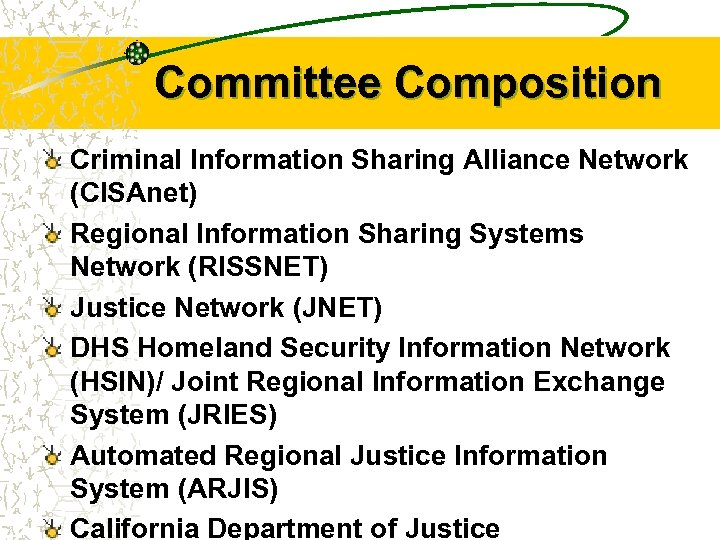 Committee Composition Criminal Information Sharing Alliance Network (CISAnet) Regional Information Sharing Systems Network (RISSNET)