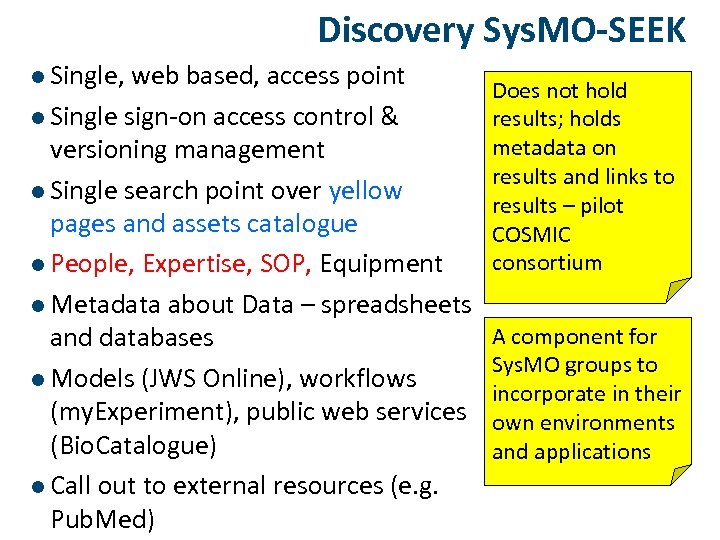 Discovery Sys. MO-SEEK l Single, web based, access point l Single sign-on access control