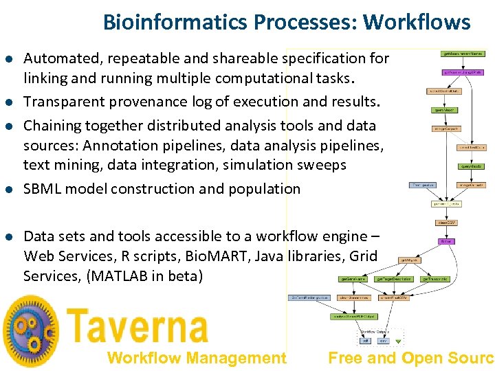Bioinformatics Processes: Workflows l l l Automated, repeatable and shareable specification for linking and