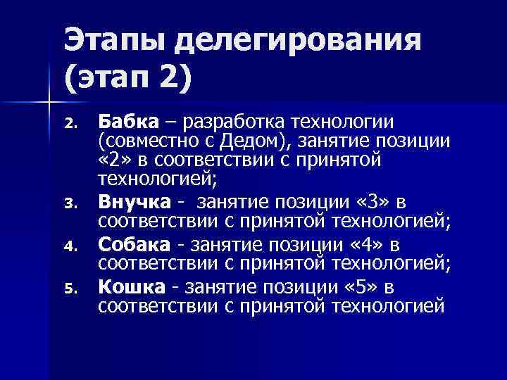 Этапы делегирования (этап 2) 2. 3. 4. 5. Бабка – разработка технологии (совместно с