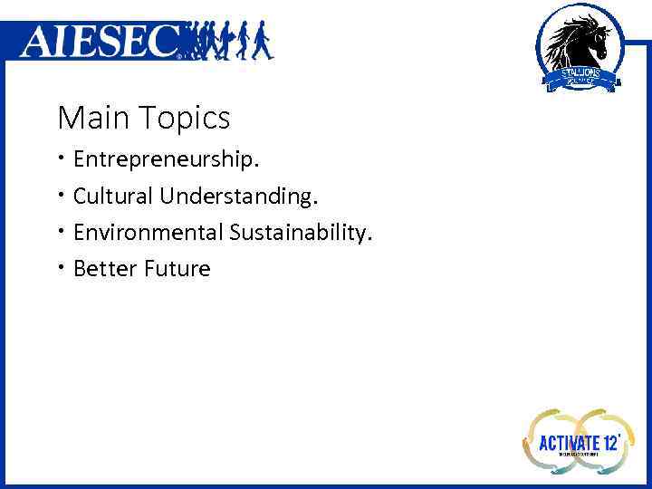 Main Topics Entrepreneurship. Cultural Understanding. Environmental Sustainability. Better Future 