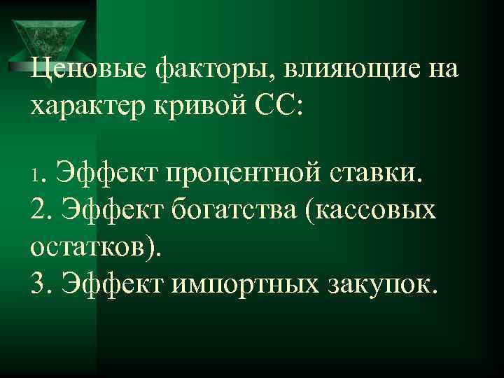 Ценовые факторы, влияющие на характер кривой СС: 1. Эффект процентной ставки. 2. Эффект богатства
