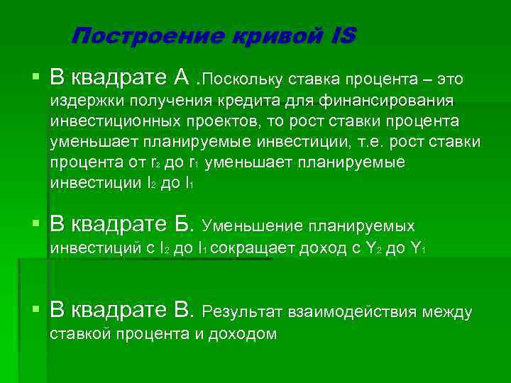 Построение кривой IS § В квадрате А. Поскольку ставка процента – это издержки получения