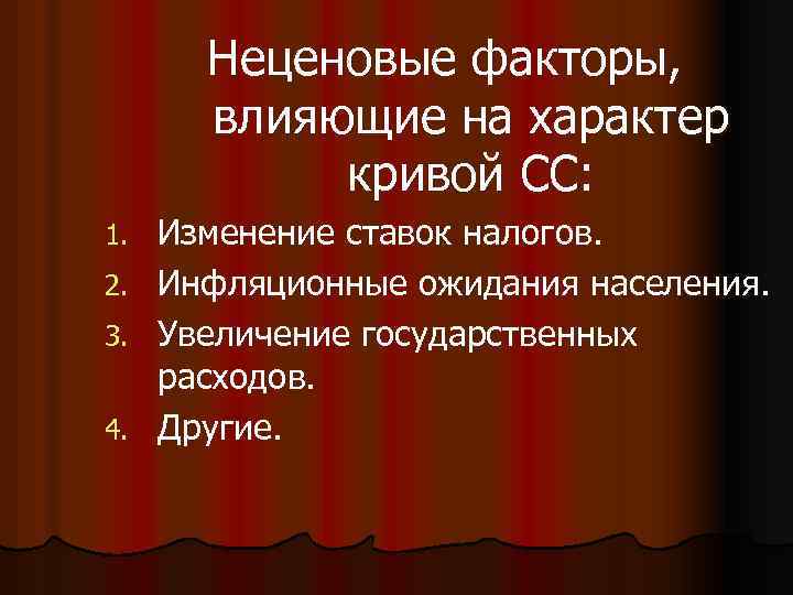 Неценовые факторы, влияющие на характер кривой СС: Изменение ставок налогов. 2. Инфляционные ожидания населения.