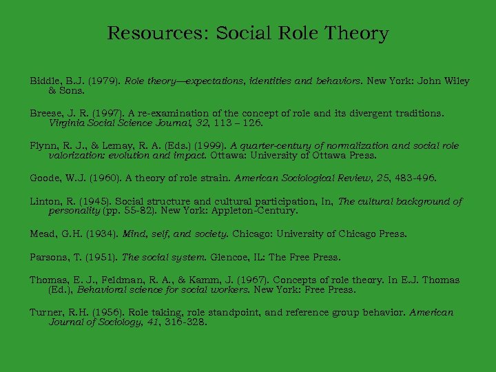 Resources: Social Role Theory Biddle, B. J. (1979). Role theory—expectations, identities and behaviors. New