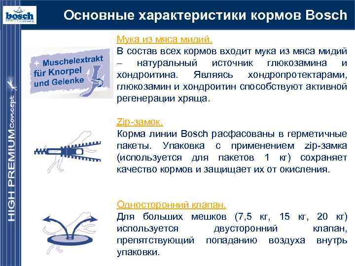 Основные характеристики кормов Bosch Мука из мяса мидий. В состав всех кормов входит мука