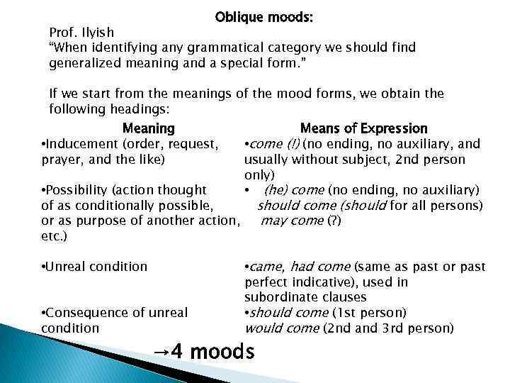 Oblique moods: Prof. Ilyish “When identifying any grammatical category we should find generalized meaning