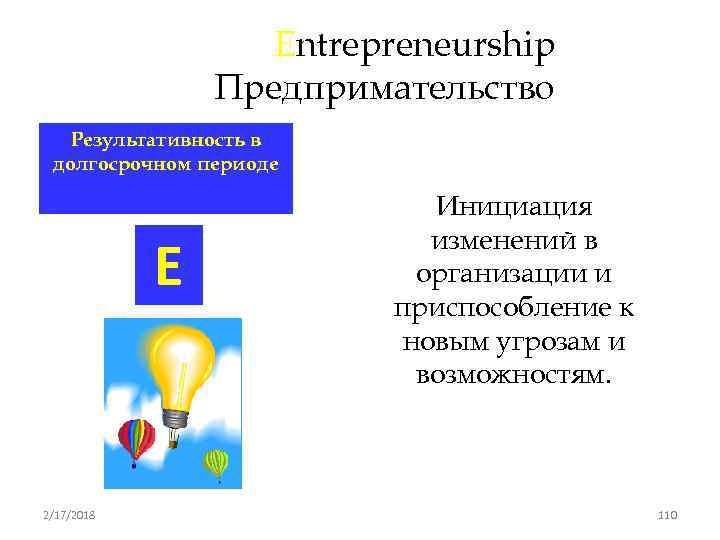 Entrepreneurship Предпримательство Результативность в долгосрочном периоде E 2/17/2018 Инициация изменений в организации и приспособление
