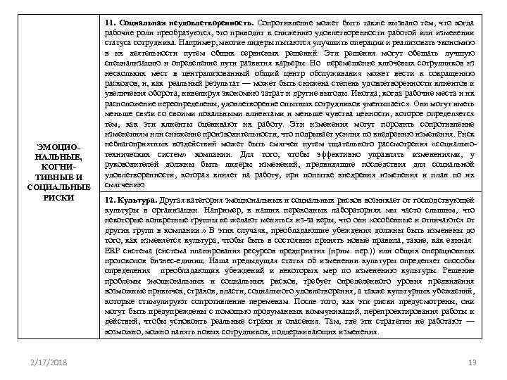 ЭМОЦИОНАЛЬНЫЕ, КОГНИТИВНЫЕ И СОЦИАЛЬНЫЕ РИСКИ 2/17/2018 11. Социальная неудовлетворенность. Сопротивление может быть также вызвано