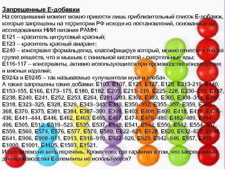 Запрещенные Е-добавки На сегодняшний момент можно привести лишь приблизительный список Е-добавок, которые запрещены на