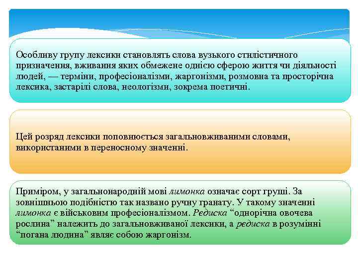 Особливу групу лексики становлять слова вузького стилістичного призначення, вживання яких обмежене однією сферою життя
