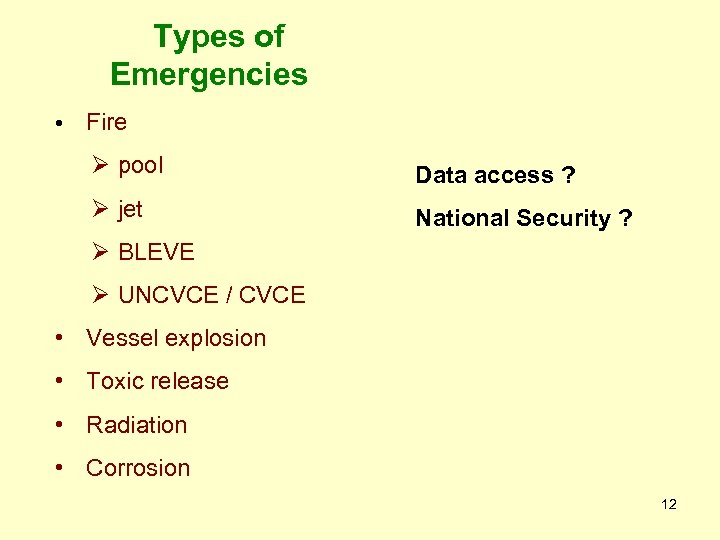 Types of Emergencies • Fire Ø pool Data access ? Ø jet National Security