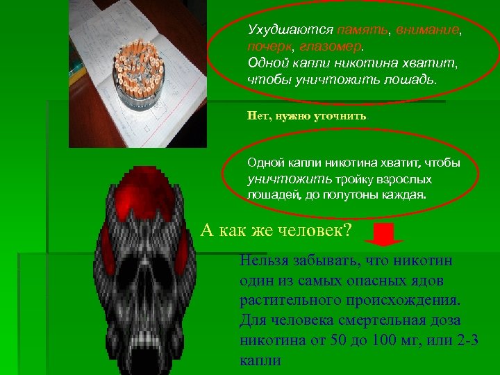 Ухудшаются память, внимание, почерк, глазомер. Одной капли никотина хватит, чтобы уничтожить лошадь. Нет, нужно