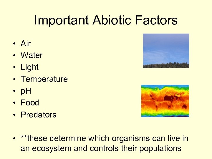 Important Abiotic Factors • • Air Water Light Temperature p. H Food Predators •