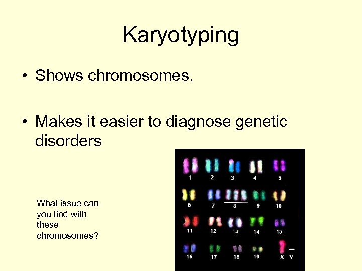 Karyotyping • Shows chromosomes. • Makes it easier to diagnose genetic disorders What issue