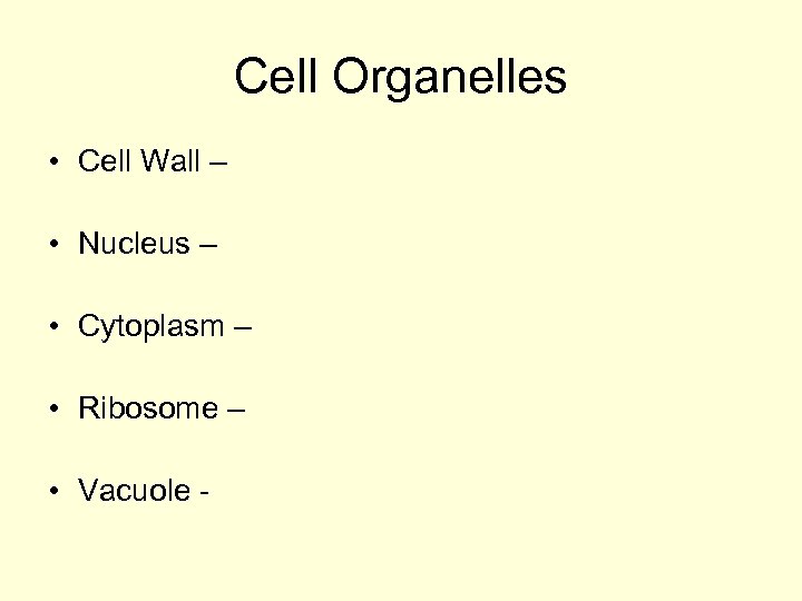 Cell Organelles • Cell Wall – • Nucleus – • Cytoplasm – • Ribosome