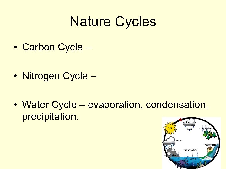 Nature Cycles • Carbon Cycle – • Nitrogen Cycle – • Water Cycle –