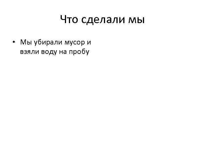 Что сделали мы • Мы убирали мусор и взяли воду на пробу 