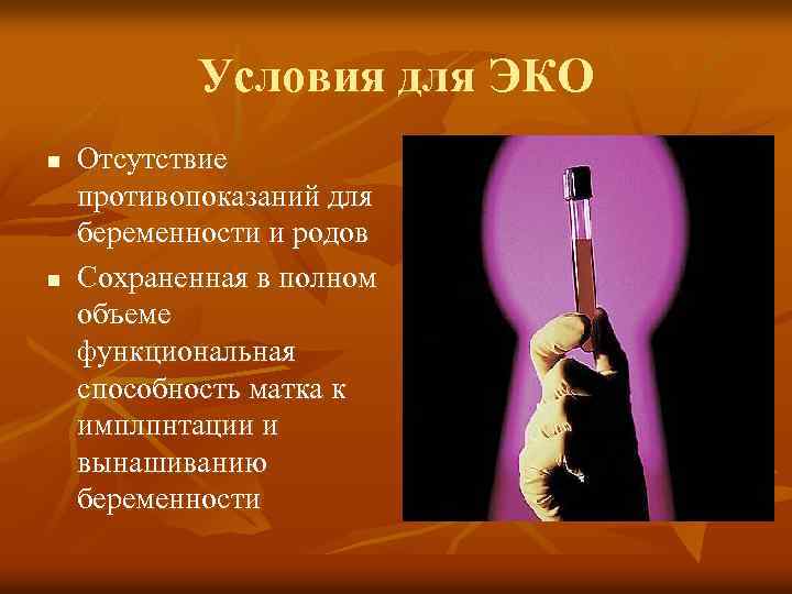 Условия для ЭКО n n Отсутствие противопоказаний для беременности и родов Сохраненная в полном