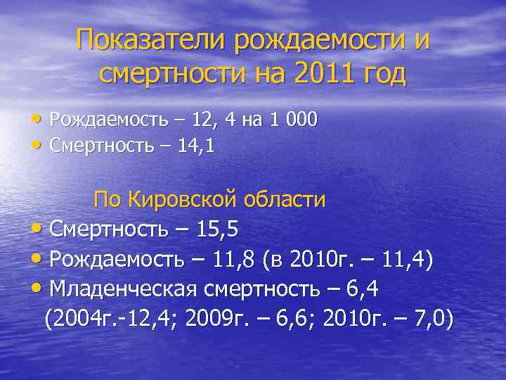 Показатели рождаемости и смертности на 2011 год • Рождаемость – 12, 4 на 1