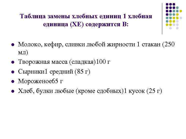 Таблица замены хлебных единиц 1 хлебная единица (ХЕ) содержится В: l l l Молоко,