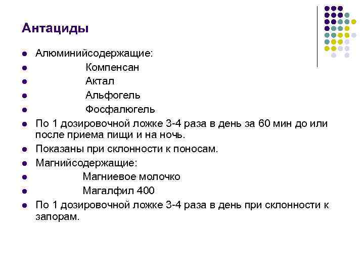 Антациды l l l Алюминийсодержащие: Компенсан Актал Альфогель Фосфалюгель По 1 дозировочной ложке 3